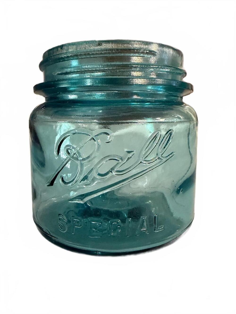 Antique 1910-1913 Ball SPECIAL Wide Mouth Squat Pint Mason Jar Aqua Blue JR Base